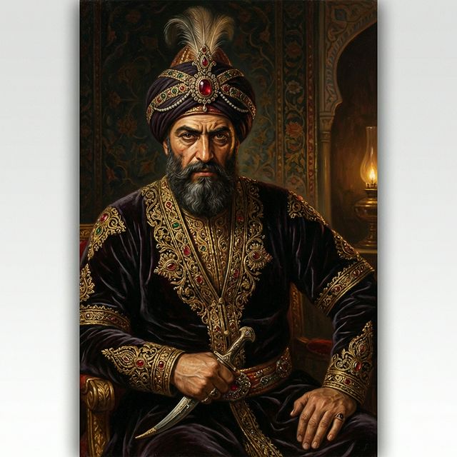 Historical portrait painting of Mahmud of Ghazni — 11th century Ghaznavid sultan wearing royal turban and ornate robes, known for his 17 devastating raids on India