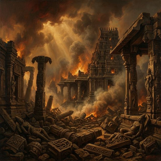 Dramatic depiction of ancient Indian Hindu temple in ruins — crumbling ornate stone pillars, fire and smoke rising, dark atmospheric sky with amber and crimson tones, representing the devastation wrought by Mahmud of Ghazni's raids on India's sacred heritage